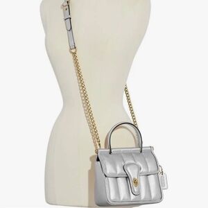 NWT Coach Quilties Willis Top Handle 18 Metallic Silver Nappa Leather Crossbody